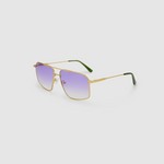 Fonda Gold Sunglasses by Tribu Eyewear  — Fine wire metal aviator frame, virgin violet lens, side view on white background. 