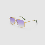 Fonda Gold Sunglasses by Tribu Eyewear  — Fine wire metal aviator frame, virgin violet lens, side view on white background. 