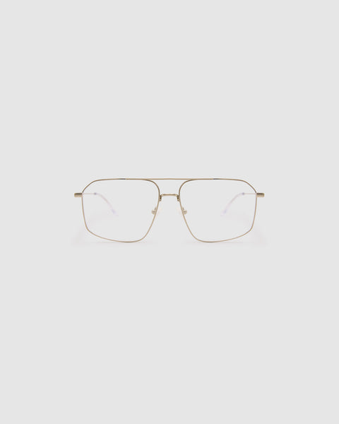 Fonda Brushed Silver Optical by Tribu Eyewear —  Fine wire metal aviator frame, grey background. 