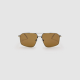 Fonda Sunglasses by Tribu Eyewear — Brown polarised lens in a gun metal aviator frame, front view on a grey background.