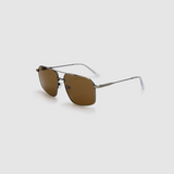 Fonda Sunglasses by Tribu Eyewear — Brown polarised lens in a gun metal aviator frame, side view on a grey background.