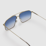 Fonda Silver Sunglasses by Tribu Eyewear  — Fine wire metal aviator frame, blue sky lens, detailed view on white background.