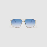 Fonda Silver Sunglasses by Tribu Eyewear  — Fine wire metal aviator frame, blue sky lens, front view on white background.