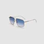 Fonda Silver Sunglasses by Tribu Eyewear  — Fine wire metal aviator frame, blue sky lens, side view on white background.
