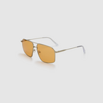 Fonda Silver Sunglasses by Tribu Eyewear  — Fine wire metal aviator frame, desert orange lens, side view on white background.