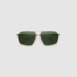 Fonda Sunglasses by Tribu Eyewear — Green polarised lens in a Silver metal aviator frame, flat view on a grey background.