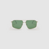 Fonda Sunglasses by Tribu Eyewear — Green polarised lens in a Silver metal aviator frame, front view on a grey background.