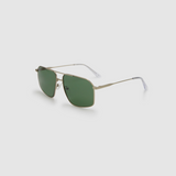 Fonda Sunglasses by Tribu Eyewear — Green polarised lens in a Silver metal aviator frame, side view on a grey background.