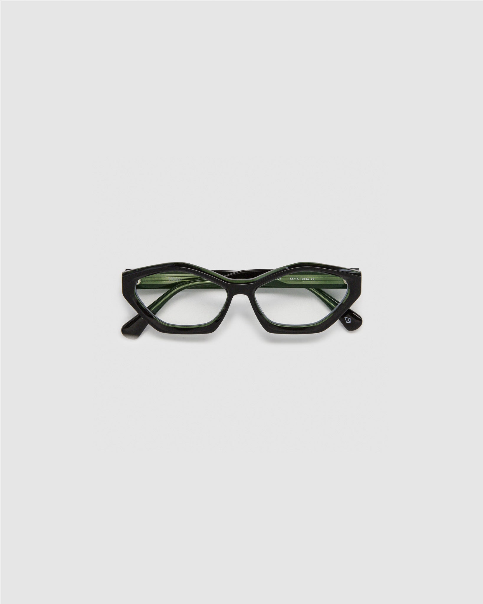 Franky Optical  by Tribu Eyewear — Black on Green Cat-eye optical frame, detailed view studio lighting. 