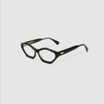 Franky Optical  by Tribu Eyewear — Black on Green Cat-eye optical frame, side view studio lighting. 