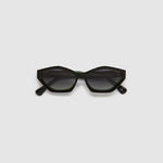 Franky Polarised Sunglasses by Tribu Eyewear — Black on Green Acetate Cat-eye frame with grey lens, flat view grey background.