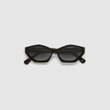Franky Polarised Sunglasses by Tribu Eyewear — Black on Green Acetate Cat-eye frame with grey lens, flat view grey background.
