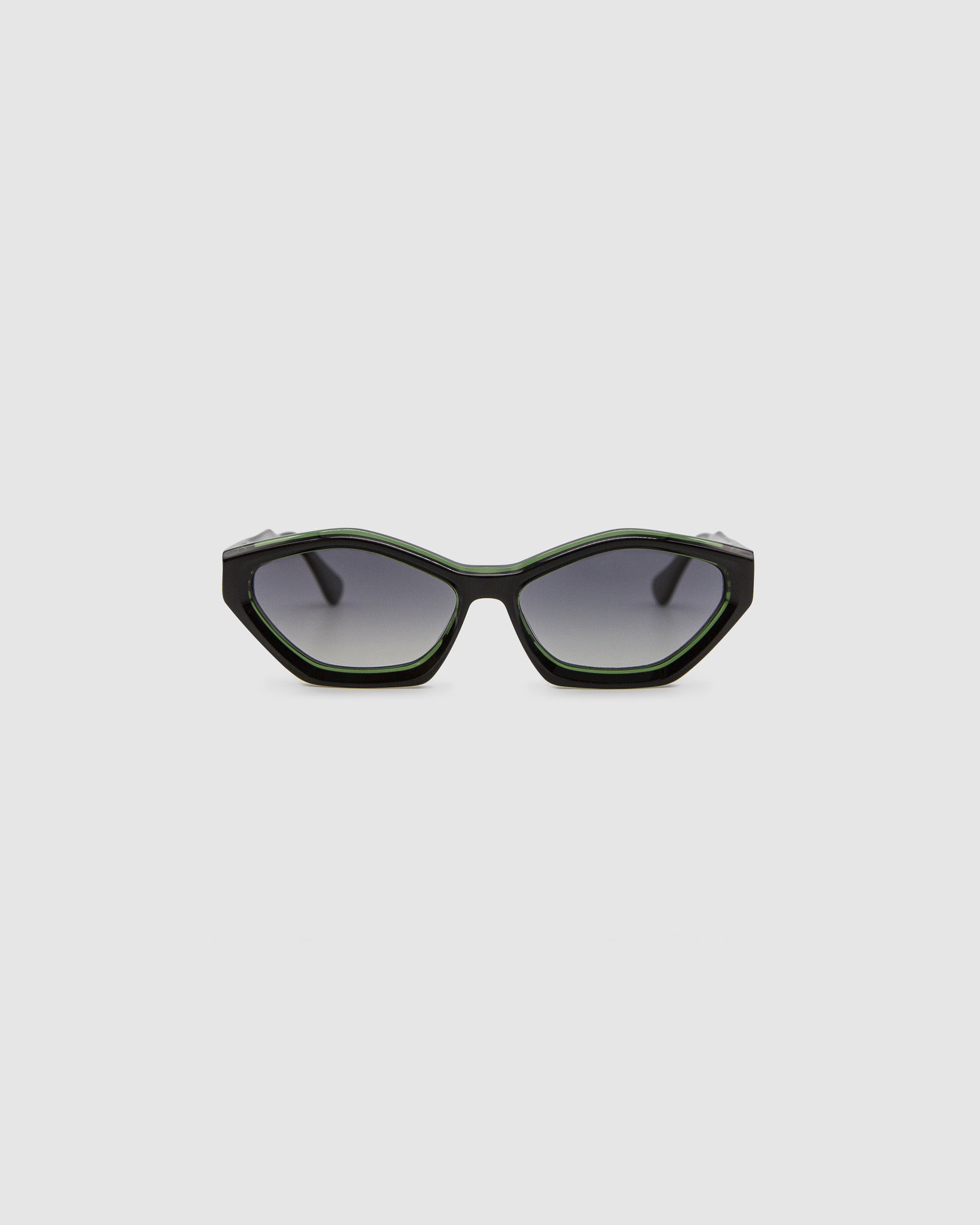 Franky Polarised Sunglasses by Tribu Eyewear — Black on Green Acetate Cat-eye frame with grey lens, front view grey background.