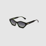 Franky Polarised Sunglasses by Tribu Eyewear — Black on Green Acetate Cat-eye frame with grey lens, side view grey background.