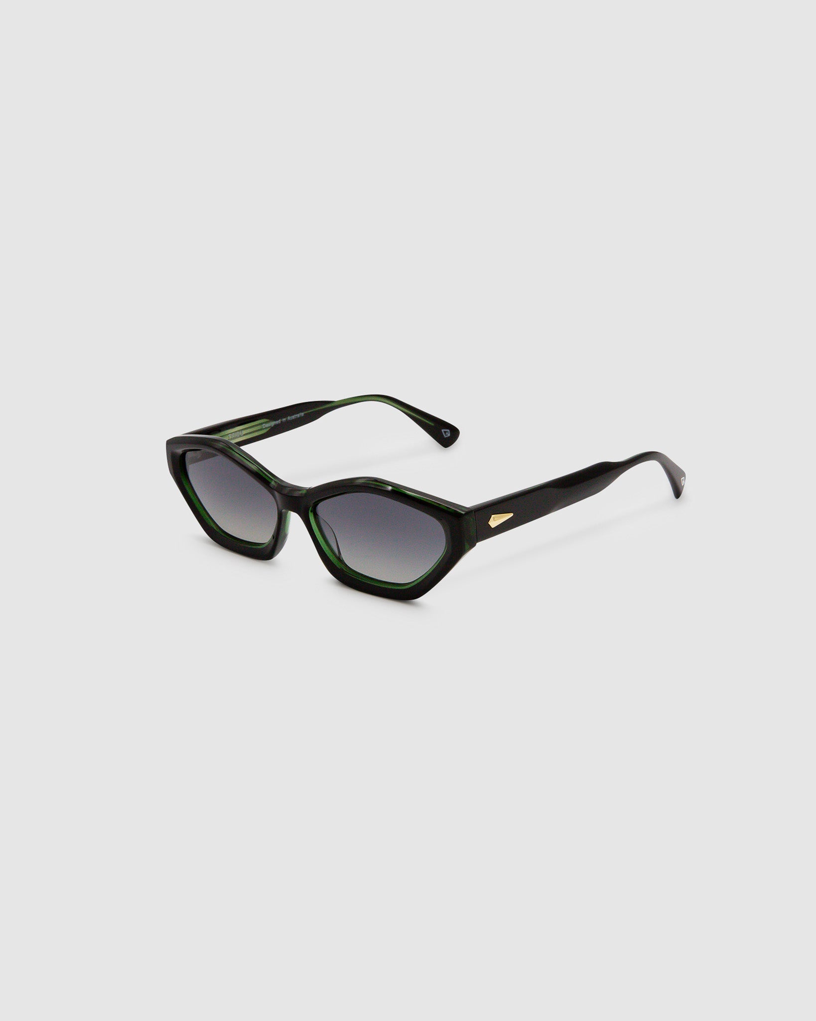 Franky Polarised Sunglasses by Tribu Eyewear — Black on Green Acetate Cat-eye frame with grey lens, side view grey background.