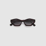 Franky Polarised Sunglasses by Tribu Eyewear — Black on Red Acetate Cat-eye frame with grey lens, flat view grey background.