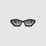 Franky Polarised Sunglasses by Tribu Eyewear — Black on Red Acetate Cat-eye frame with grey lens, front view grey background.