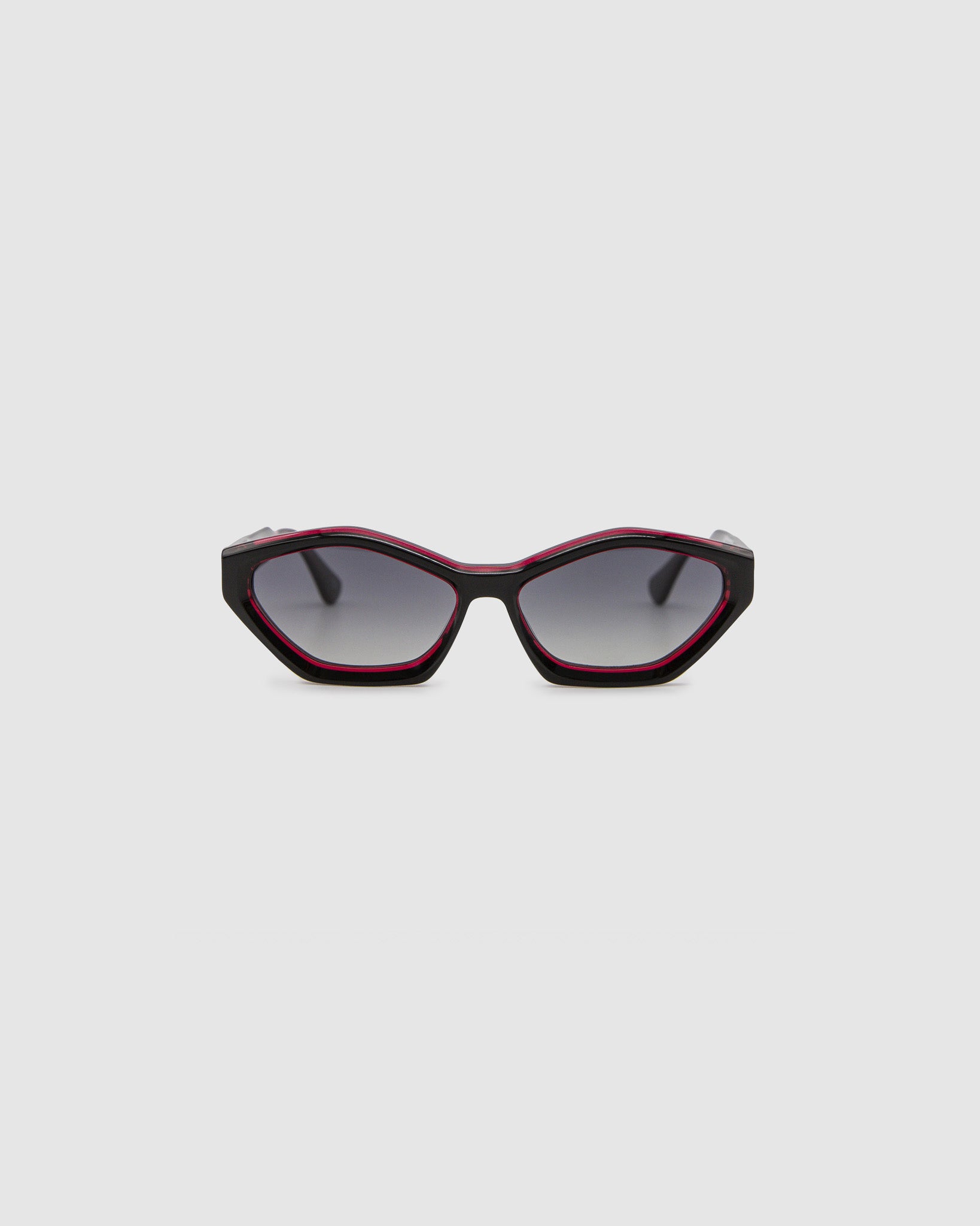 Franky Polarised Sunglasses by Tribu Eyewear — Black on Red Acetate Cat-eye frame with grey lens, front view grey background.
