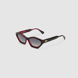 Franky Polarised Sunglasses by Tribu Eyewear — Black on Red Acetate Cat-eye frame with grey lens, side view grey background.