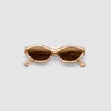 Franky Polarised Sunglasses by Tribu Eyewear — Champagne Crystal Cat-eye brown lens, flat view, grey background.