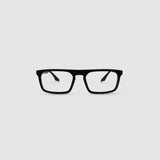 Gentleman Optical by Tribu Eyewear — matte black rectangular optical frame, front view on a grey background. 