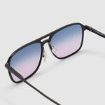 Oscar Sunglasses by Tribu Eyewear — Black Aluminium Aviator frame, Deep Ocean lens detailed view.
