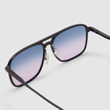 Oscar Sunglasses by Tribu Eyewear — Black Aluminium Aviator frame, Deep Ocean lens detailed view.
