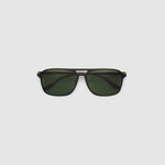Oscar Sunglasses  by Tribu Eyewear — Metallic black aluminium aviator, green polarised lens, flat view on light grey background. 
