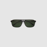 Oscar Sunglasses  by Tribu Eyewear — Metallic black aluminium aviator, green polarised lens, flat view on light grey background. 