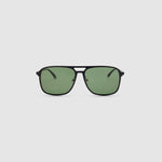 Oscar Sunglasses  by Tribu Eyewear — Metallic black aluminium aviator, green polarised lens, front view on light grey background. 