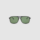 Oscar Sunglasses  by Tribu Eyewear — Metallic black aluminium aviator, green polarised lens, front view on light grey background. 