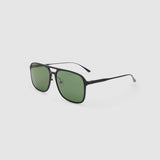Oscar Sunglasses  by Tribu Eyewear — Metallic black aluminium aviator, green polarised lens, side view on light grey background. 