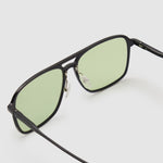 Oscar Sunglasses by Tribu Eyewear — Black Aluminium Aviator frame, Sage lens detailed view. 