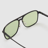 Oscar Sunglasses by Tribu Eyewear — Black Aluminium Aviator frame, Sage lens detailed view. 