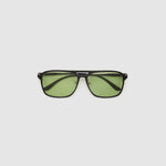 Oscar Sunglasses by Tribu Eyewear — Black Aluminium Aviator frame, Sage lens flat view. 