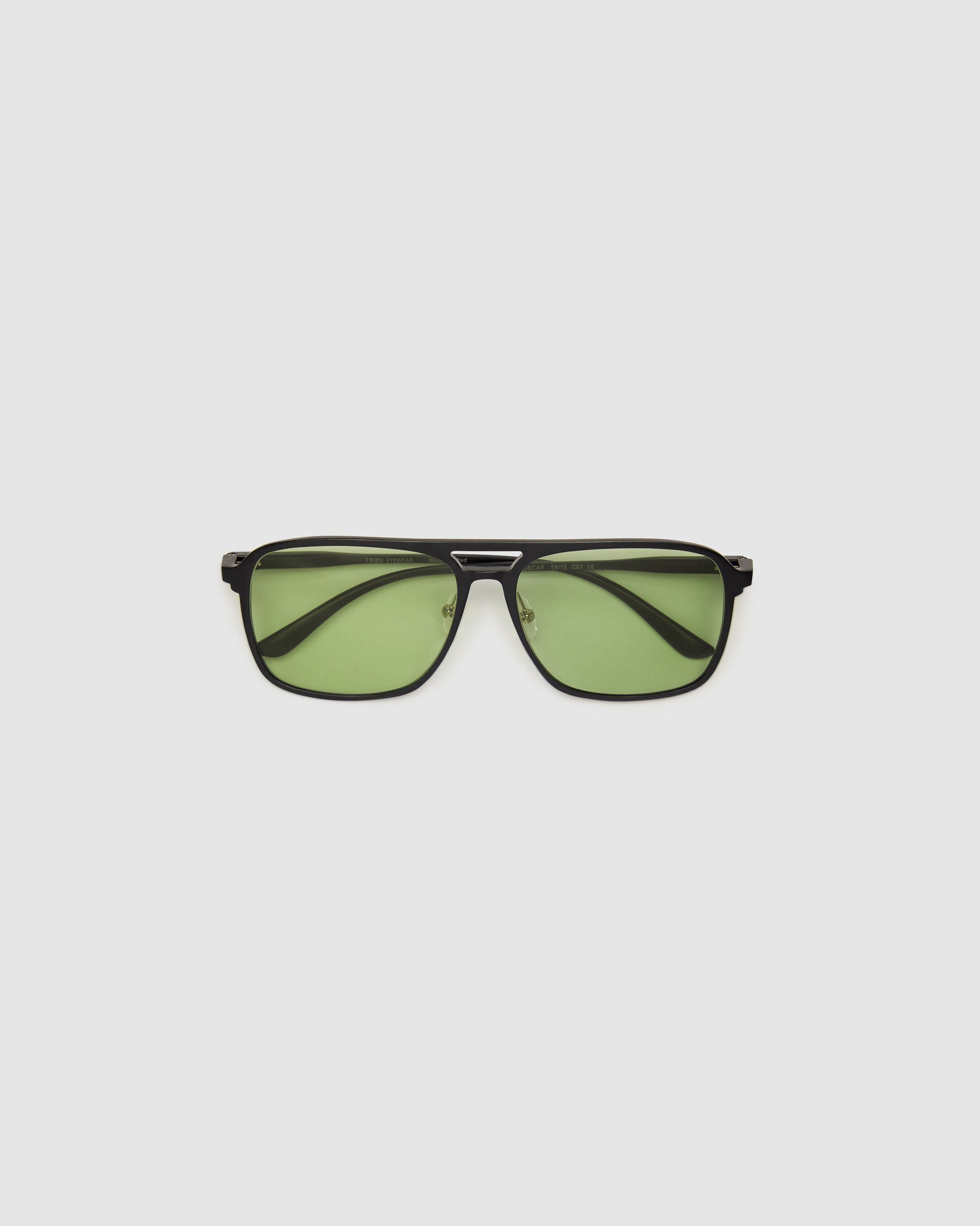 Oscar Sunglasses by Tribu Eyewear — Black Aluminium Aviator frame, Sage lens flat view. 