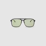 Oscar Sunglasses by Tribu Eyewear — Black Aluminium Aviator frame, Sage lens front view. 