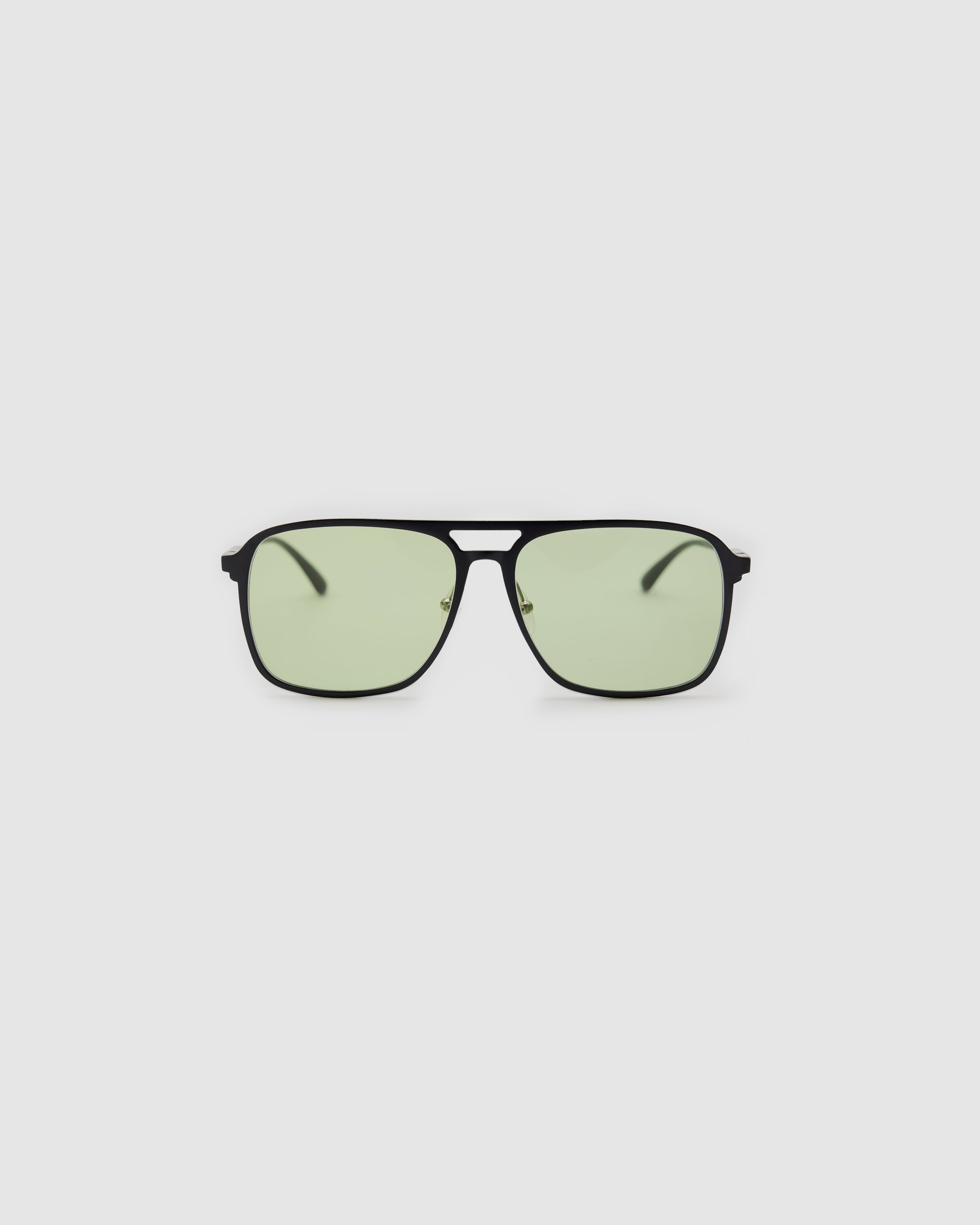Oscar Sunglasses by Tribu Eyewear — Black Aluminium Aviator frame, Sage lens front view. 