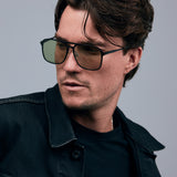 Oscar Sunglasses by Tribu Eyewear — Black Aluminium Aviator frame, Sage lens male model. 
