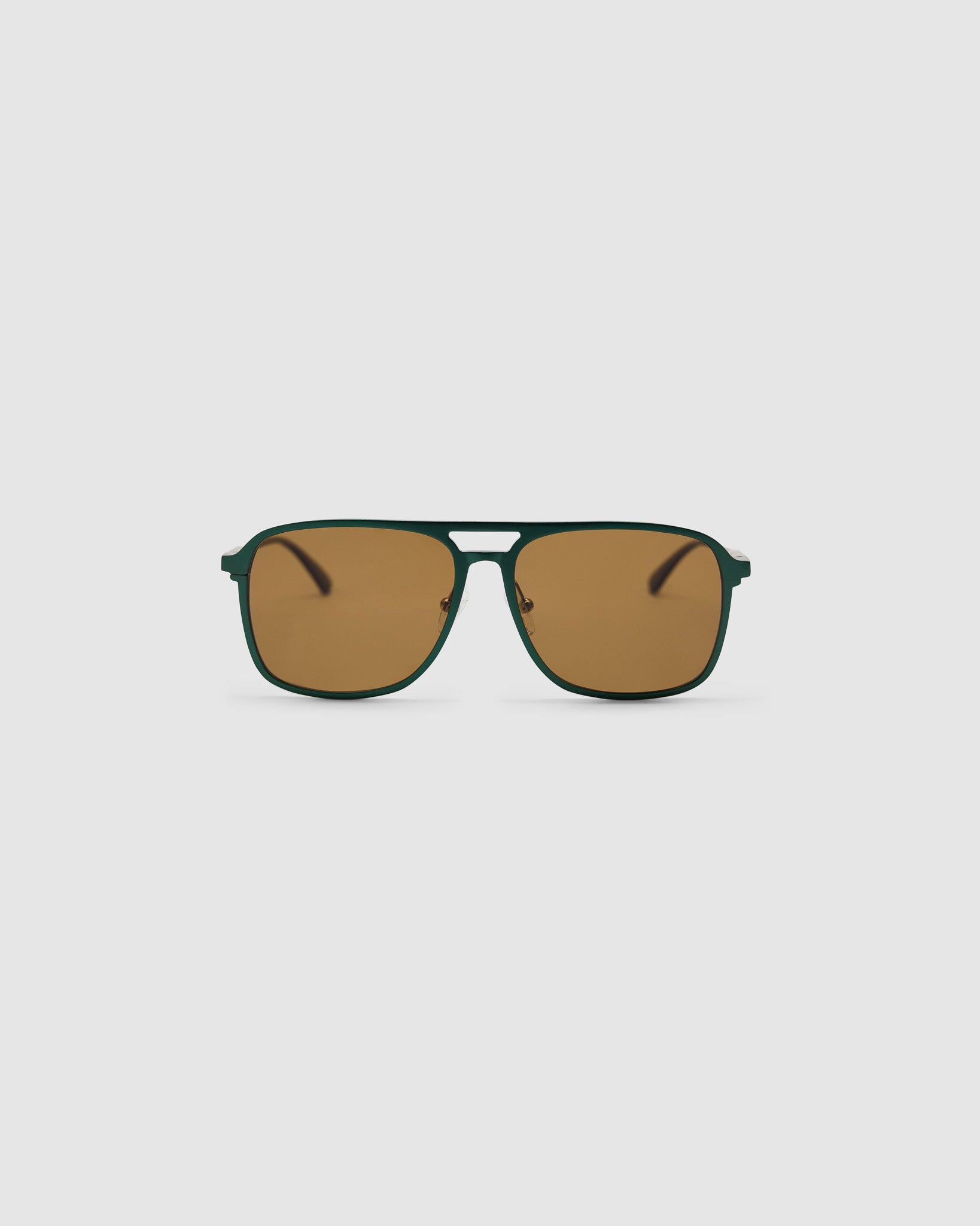 Oscar Sunglasses  by Tribu Eyewear — Forest green aviator, brown polarised lens front view studio lighting. 