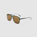Oscar Sunglasses  by Tribu Eyewear — Forest green aviator, brown polarised lens side view on grey background. 