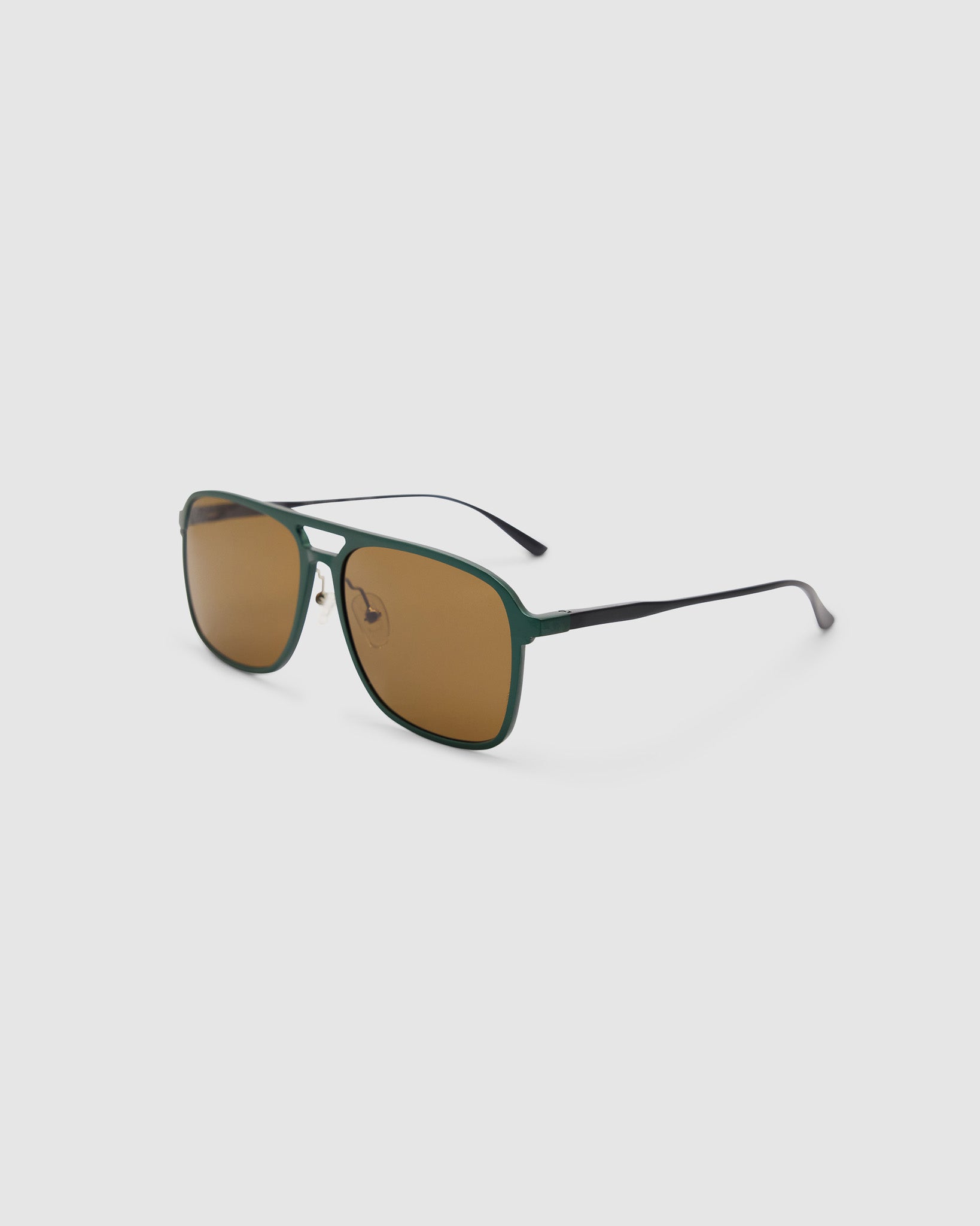 Oscar Sunglasses  by Tribu Eyewear — Forest green aviator, brown polarised lens side view on grey background. 