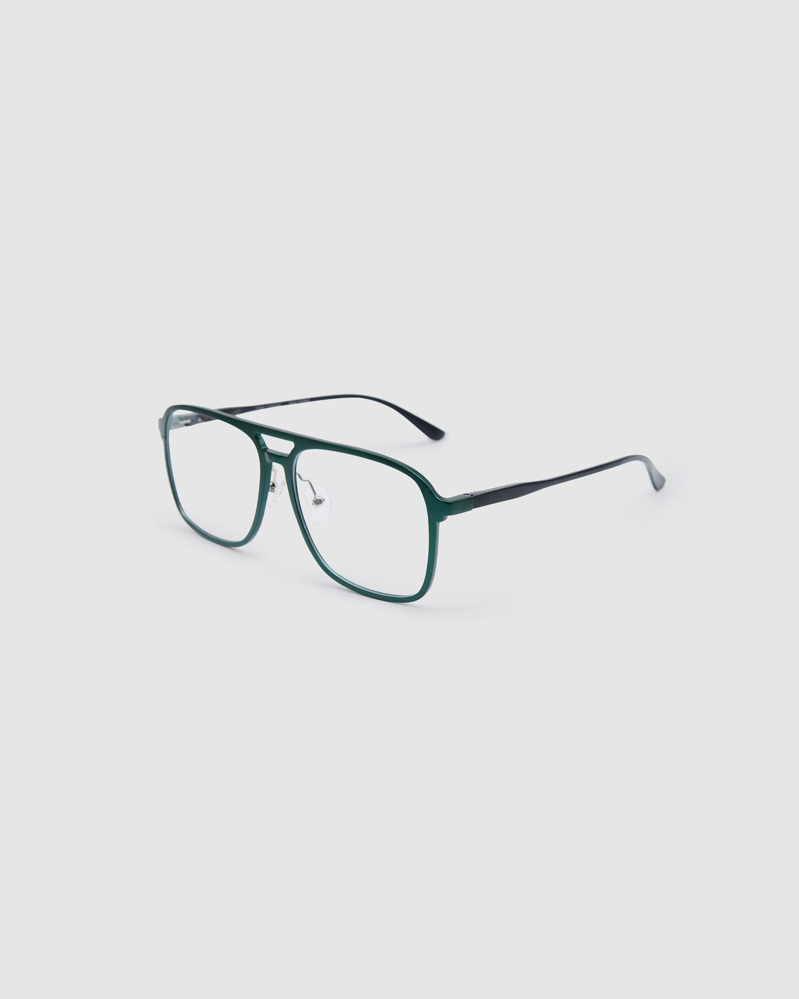 Oscar Optical  by Tribu Eyewear — Forest Green Aviator optical frame, side view studio lighting. 