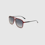 Oscar Polarised Sunglasses by Tribu Eyewear —   Metallic Burgundy Aluminium Aviator frame, grey grad lens, side view light grey background.