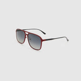Oscar Polarised Sunglasses by Tribu Eyewear —   Metallic Burgundy Aluminium Aviator frame, grey grad lens, side view light grey background.