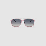 Oscar Sunglasses  by Tribu Eyewear — Metallic pink aluminium aviator, grey grad polarised lens, front view on light grey background. 