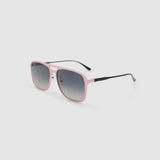 Oscar Sunglasses  by Tribu Eyewear — Metallic pink aluminium aviator, grey grad polarised lens, side view on grey background. 