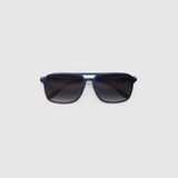 Oscar Polarised Sunglasses by Tribu Eyewear —   Midnight Blue Aluminium Aviator frame, grey grad lens, flat view light grey background.