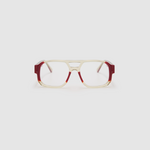 The DON Optical by Tribu Eyewear — Deep Red on Smoke Aviator frame, front view studio lighting. 
