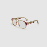 The DON Optical by Tribu Eyewear — Burgundy on Smoke Aviator frame, side view studio lighting. 